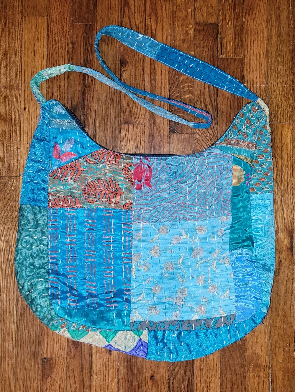 Blue Aqua Green Quilted Patchwork Kantha Quilt Crossbody Purse Bag India